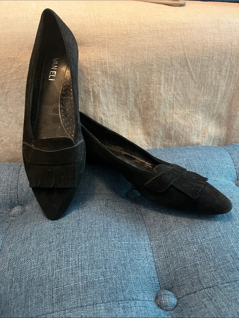 Vaneli Black Suede Pointed Kiltie Loafers
